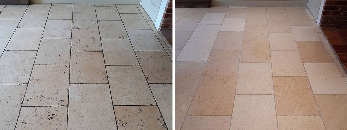 Dirty Limestone Floor Tile and Grout Restored in Silfield