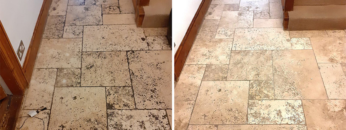 Grubby Travertine Tiled Hallway Floor Renovated in Earlham
